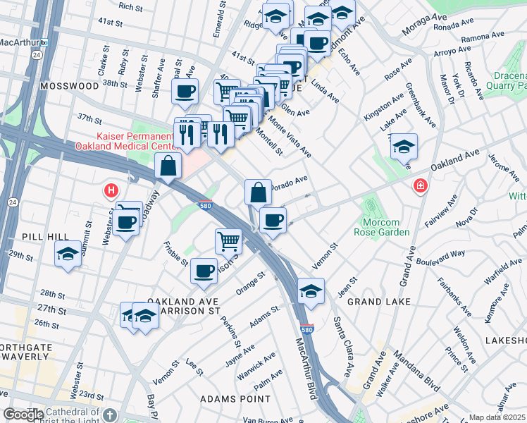 map of restaurants, bars, coffee shops, grocery stores, and more near 115 Moss Avenue in Oakland