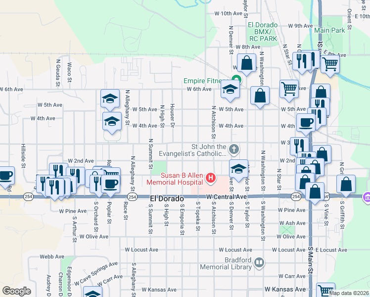 map of restaurants, bars, coffee shops, grocery stores, and more near 333 North Emporia Street in El Dorado