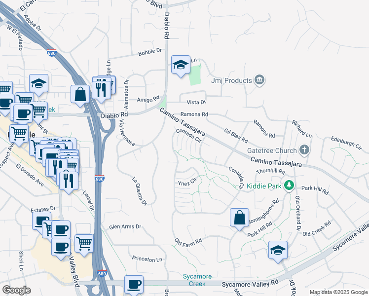 map of restaurants, bars, coffee shops, grocery stores, and more near 843 Luz Court in Danville