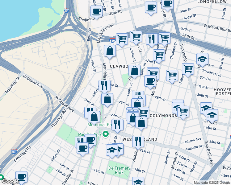 map of restaurants, bars, coffee shops, grocery stores, and more near 1649 28th Street in Oakland