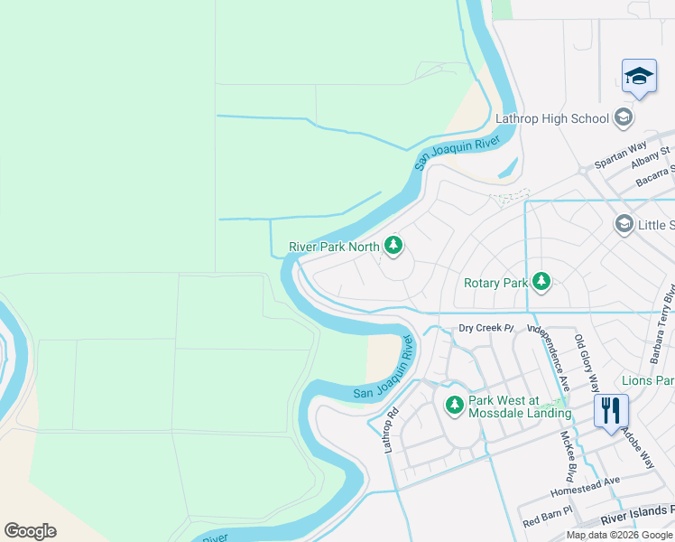 map of restaurants, bars, coffee shops, grocery stores, and more near 15558 Loop River Rd in Lathrop