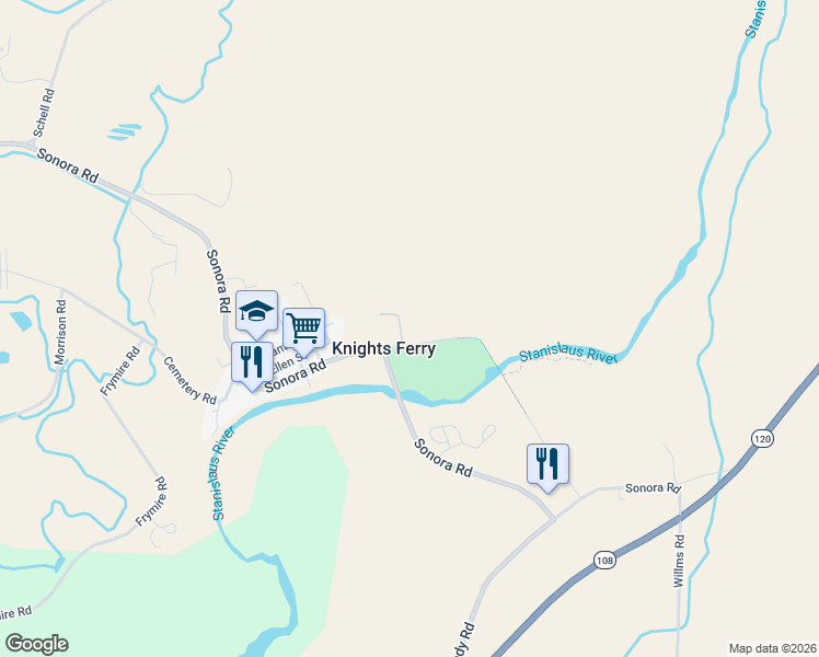 map of restaurants, bars, coffee shops, grocery stores, and more near 17957 Covered Bridge Road in Knights Ferry