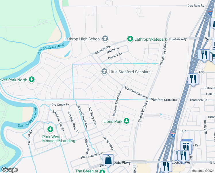 map of restaurants, bars, coffee shops, grocery stores, and more near 600 Land Park in Lathrop