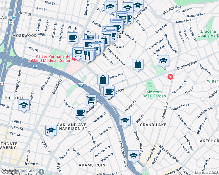 map of restaurants, bars, coffee shops, grocery stores, and more near in Oakland