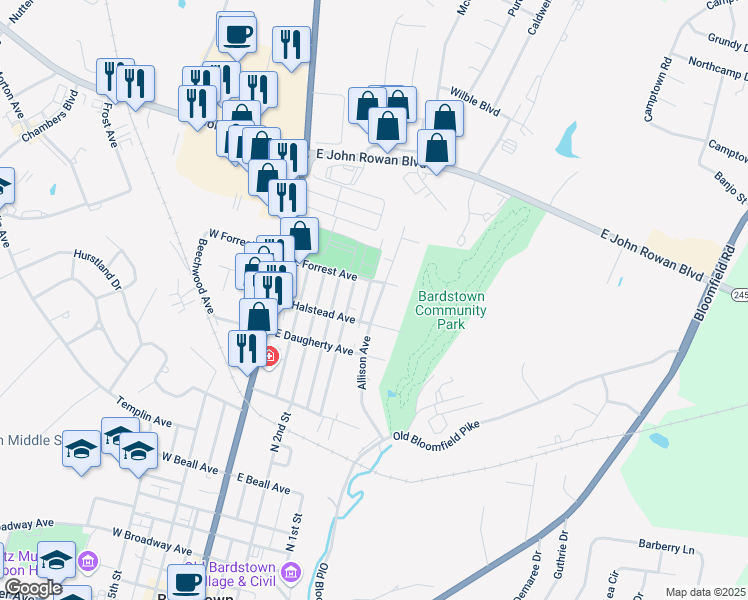 map of restaurants, bars, coffee shops, grocery stores, and more near 731 Pulliam Avenue in Bardstown