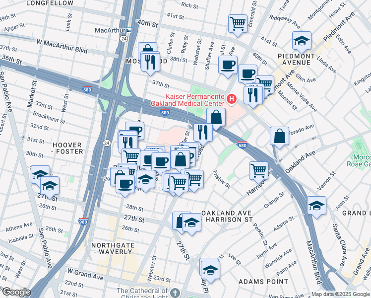 map of restaurants, bars, coffee shops, grocery stores, and more near 3300 Webster Street in Oakland