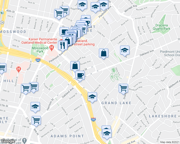map of restaurants, bars, coffee shops, grocery stores, and more near 3806 Harrison Street in Oakland