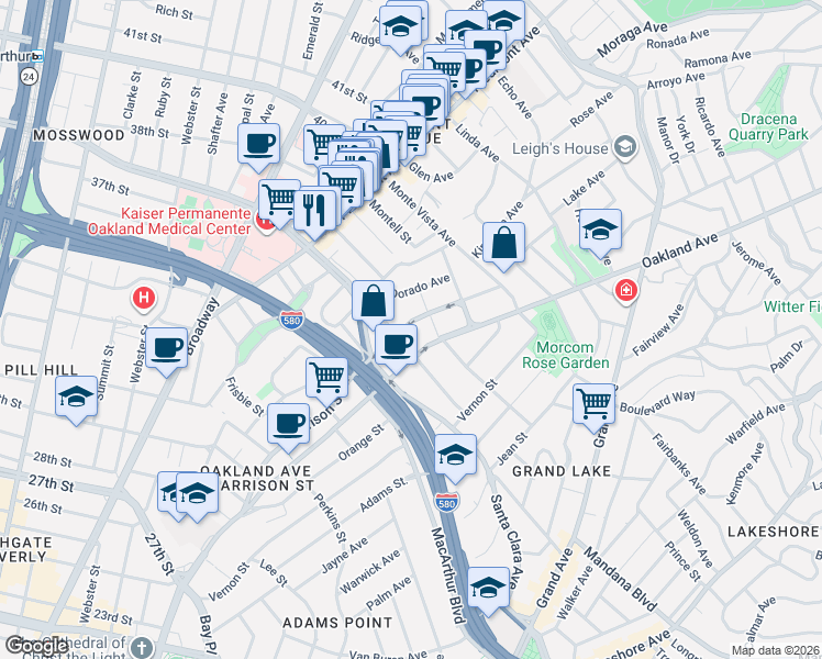 map of restaurants, bars, coffee shops, grocery stores, and more near in Oakland