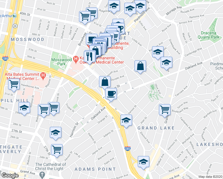 map of restaurants, bars, coffee shops, grocery stores, and more near in Oakland