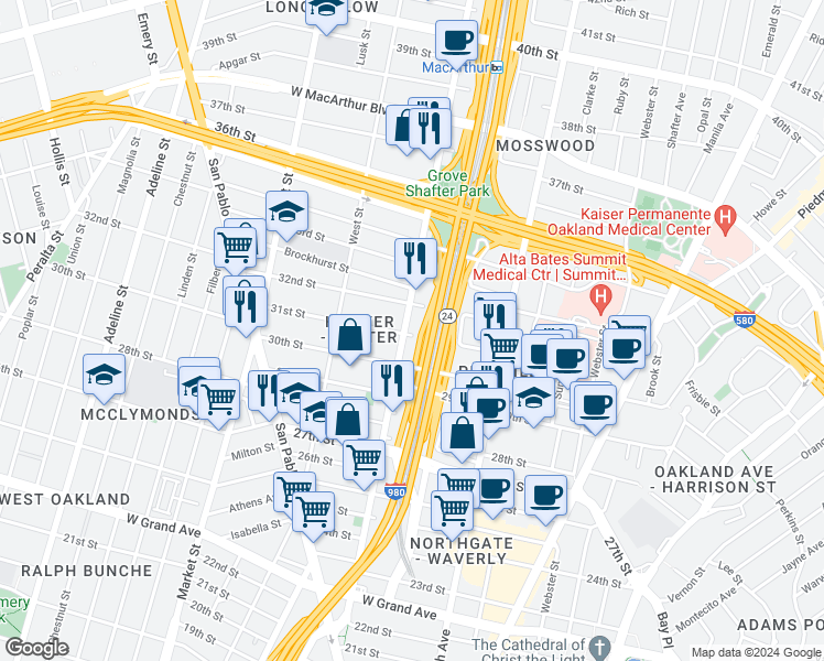 map of restaurants, bars, coffee shops, grocery stores, and more near 3115 Martin Luther King Junior Way in Oakland