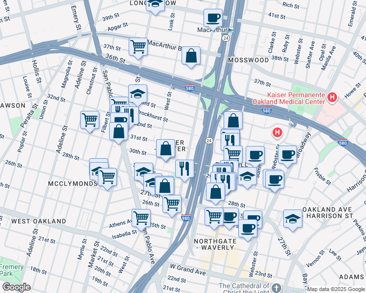 map of restaurants, bars, coffee shops, grocery stores, and more near 3115 Martin Luther King Junior Way in Oakland