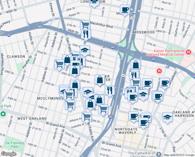 map of restaurants, bars, coffee shops, grocery stores, and more near 714 31st Street in Oakland