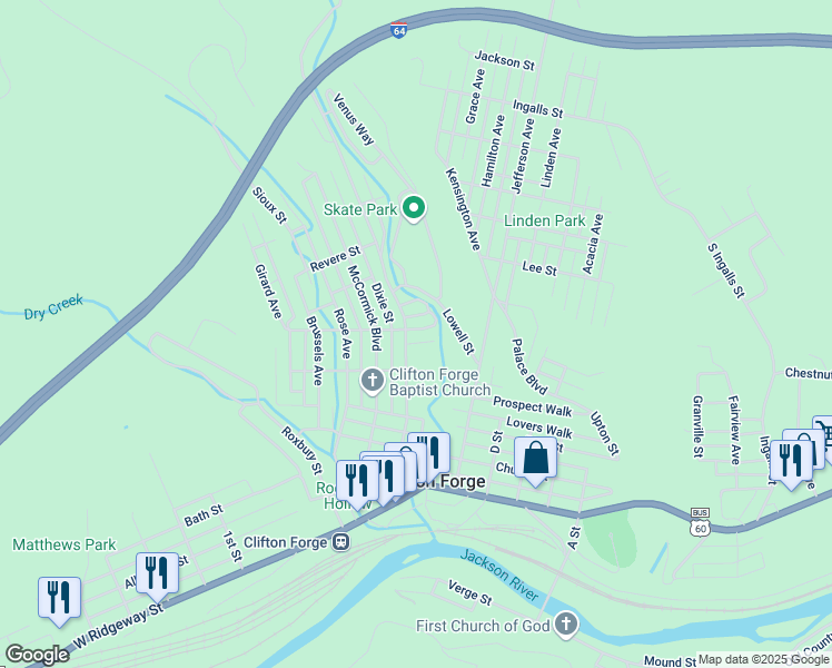 map of restaurants, bars, coffee shops, grocery stores, and more near 508 Court Street in Clifton Forge