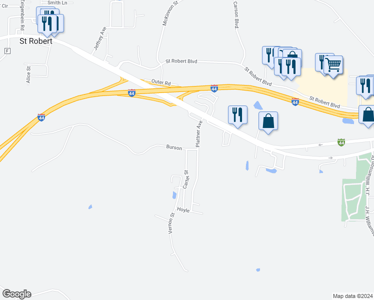 map of restaurants, bars, coffee shops, grocery stores, and more near 110 Burson in Saint Robert