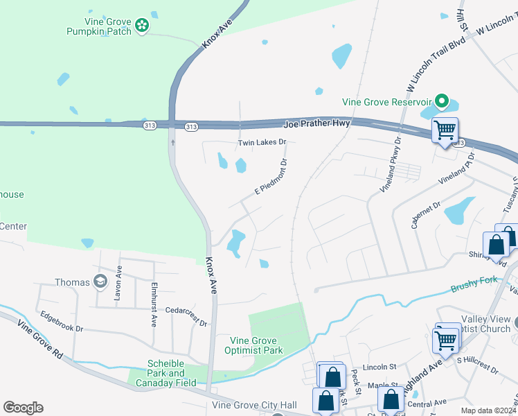 map of restaurants, bars, coffee shops, grocery stores, and more near 119 Victory Lake Drive in Vine Grove