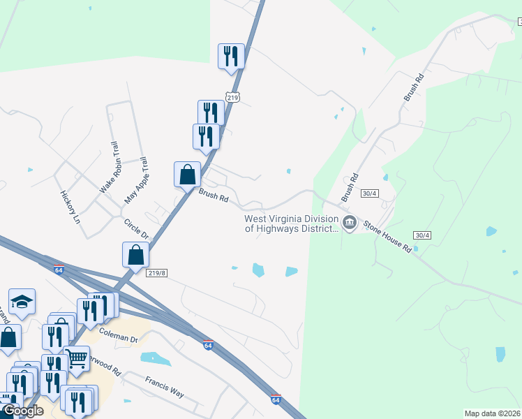 map of restaurants, bars, coffee shops, grocery stores, and more near 331 Brush Road in Lewisburg