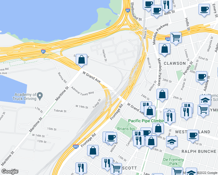 map of restaurants, bars, coffee shops, grocery stores, and more near West Grand Avenue in Oakland