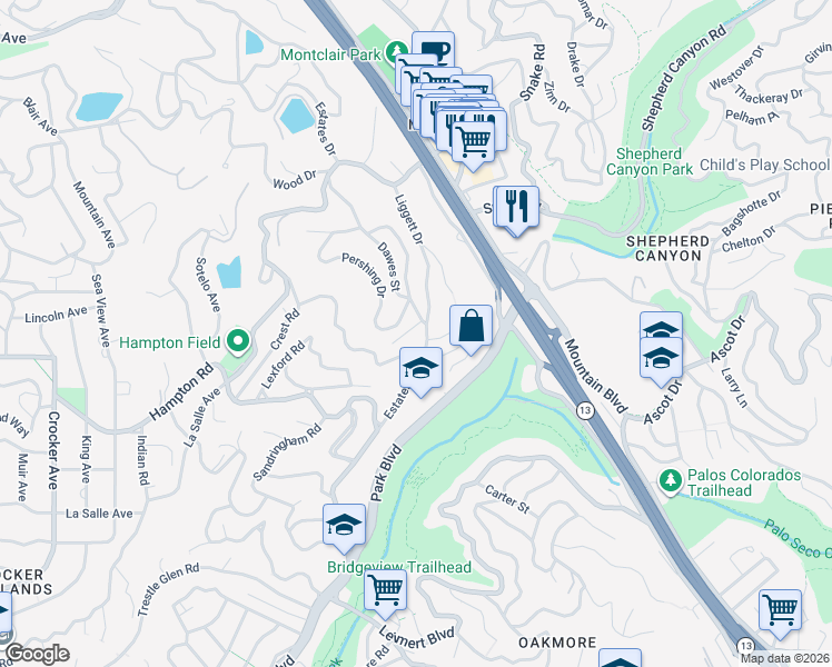 map of restaurants, bars, coffee shops, grocery stores, and more near 6801 Estates Drive in Piedmont