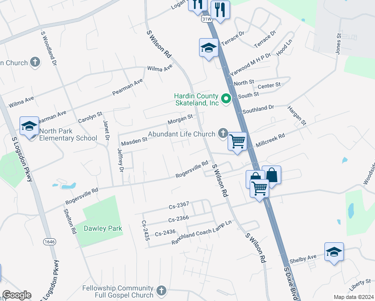map of restaurants, bars, coffee shops, grocery stores, and more near 106 Honeysuckle Court in Radcliff