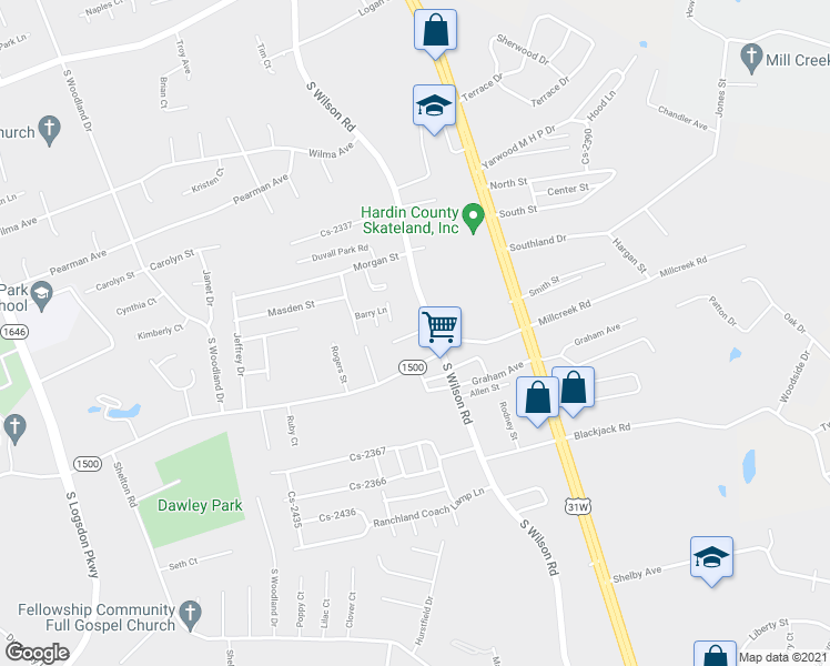 map of restaurants, bars, coffee shops, grocery stores, and more near 104 Honeysuckle Court in Radcliff