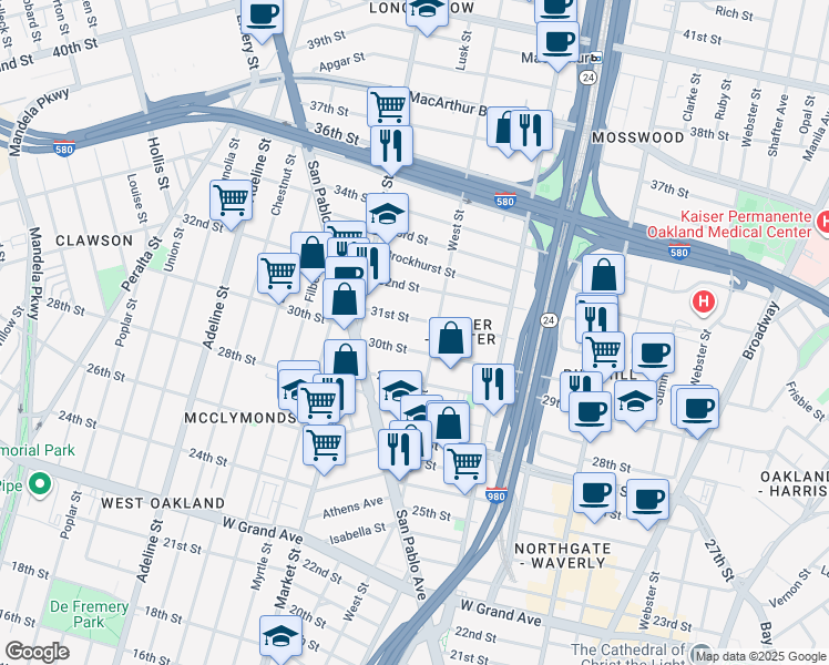 map of restaurants, bars, coffee shops, grocery stores, and more near 819 31st Street in Oakland