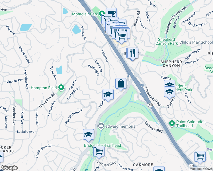 map of restaurants, bars, coffee shops, grocery stores, and more near 6801 Estates Drive in Piedmont