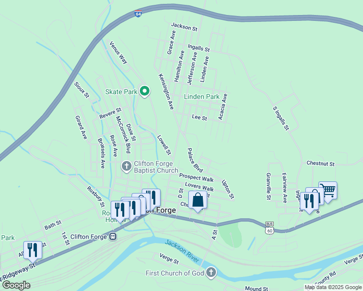 map of restaurants, bars, coffee shops, grocery stores, and more near 702 Jefferson Avenue in Clifton Forge