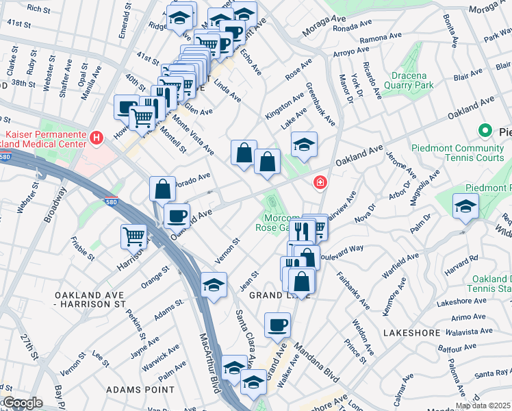 map of restaurants, bars, coffee shops, grocery stores, and more near 525 Monte Vista Avenue in Oakland