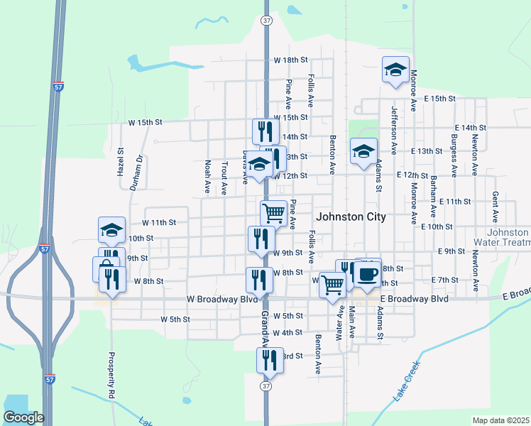 map of restaurants, bars, coffee shops, grocery stores, and more near 1108 Grand Avenue in Johnston City