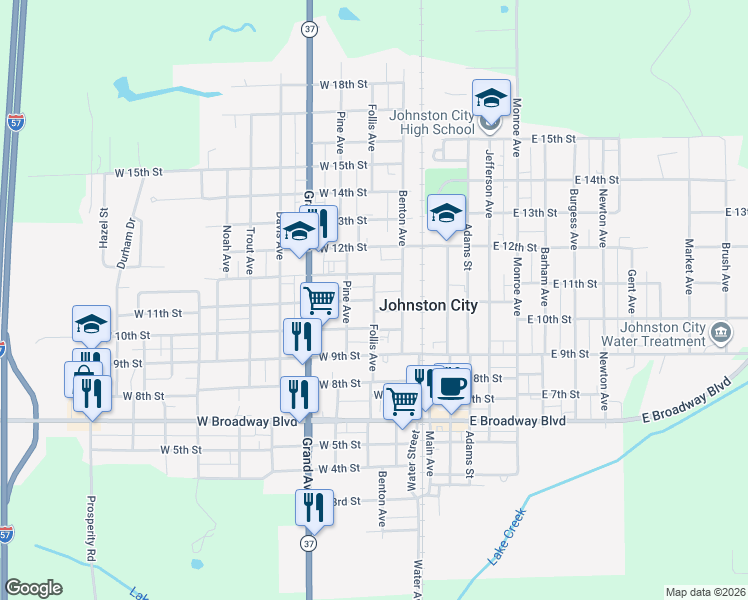 map of restaurants, bars, coffee shops, grocery stores, and more near 300 West 11th Street in Johnston City