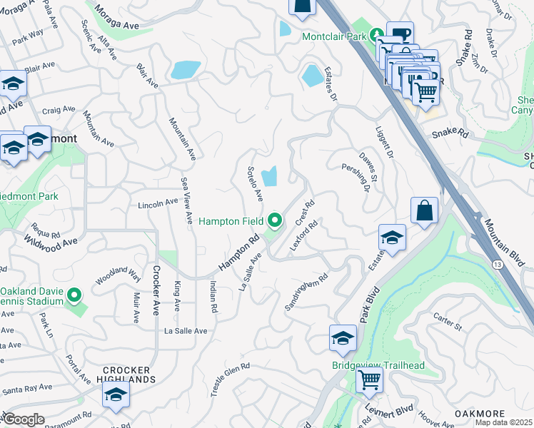 map of restaurants, bars, coffee shops, grocery stores, and more near 12 Sotelo Avenue in Piedmont