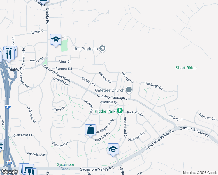 map of restaurants, bars, coffee shops, grocery stores, and more near 325 Gil Blas Road in Danville