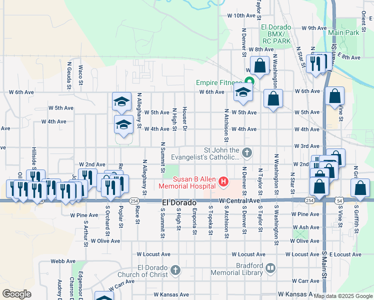 map of restaurants, bars, coffee shops, grocery stores, and more near 333 North Emporia Street in El Dorado
