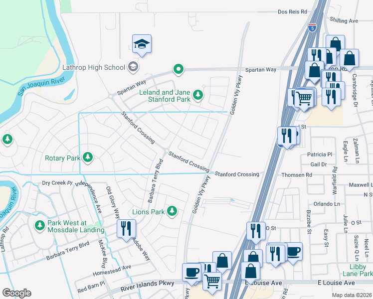 map of restaurants, bars, coffee shops, grocery stores, and more near 407 Sacramento Street in Lathrop