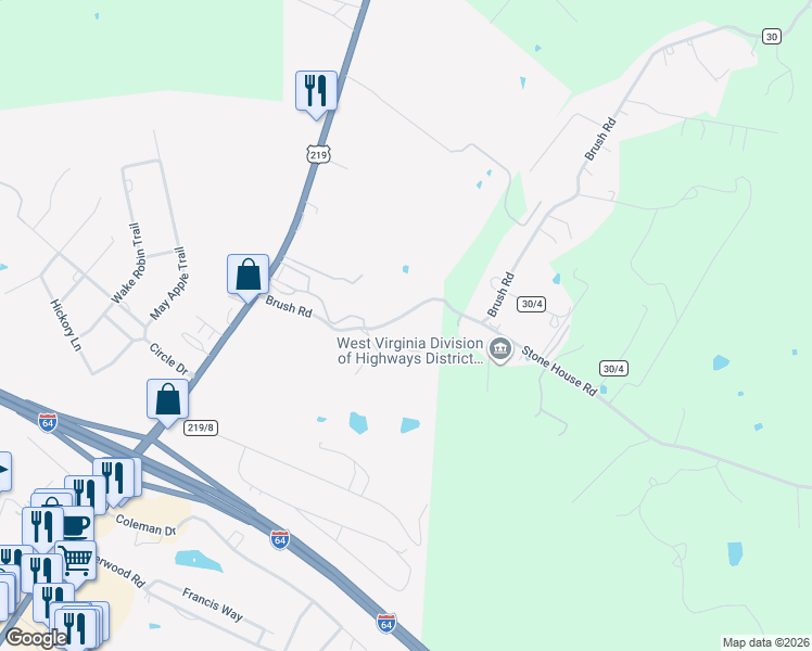 map of restaurants, bars, coffee shops, grocery stores, and more near 457 Brush Road in Lewisburg