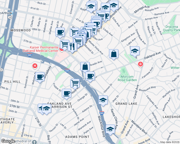 map of restaurants, bars, coffee shops, grocery stores, and more near in Oakland