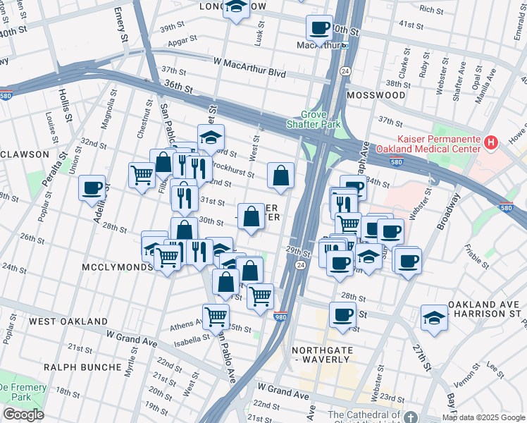 map of restaurants, bars, coffee shops, grocery stores, and more near 714 31st Street in Oakland