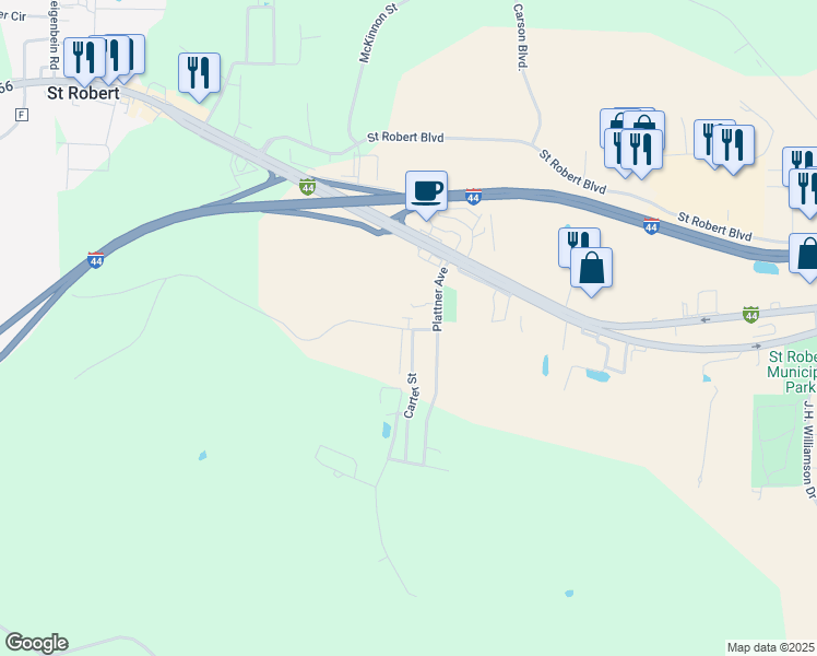map of restaurants, bars, coffee shops, grocery stores, and more near 110 Burson in Saint Robert