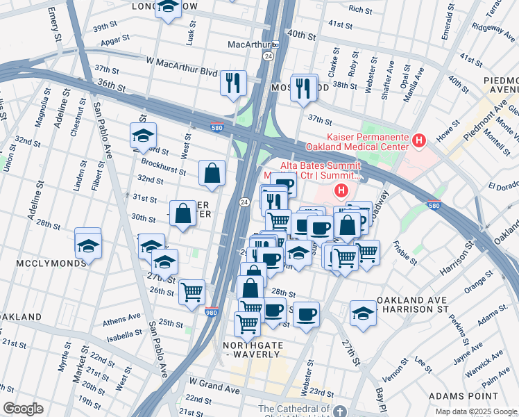 map of restaurants, bars, coffee shops, grocery stores, and more near 537 32nd Street in Oakland