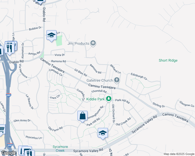 map of restaurants, bars, coffee shops, grocery stores, and more near 325 Gil Blas Road in Danville