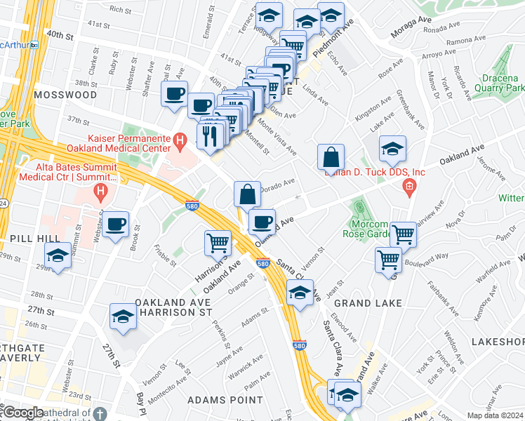 map of restaurants, bars, coffee shops, grocery stores, and more near in Oakland