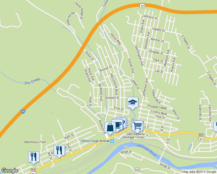 map of restaurants, bars, coffee shops, grocery stores, and more near Lafayette Street in Clifton Forge