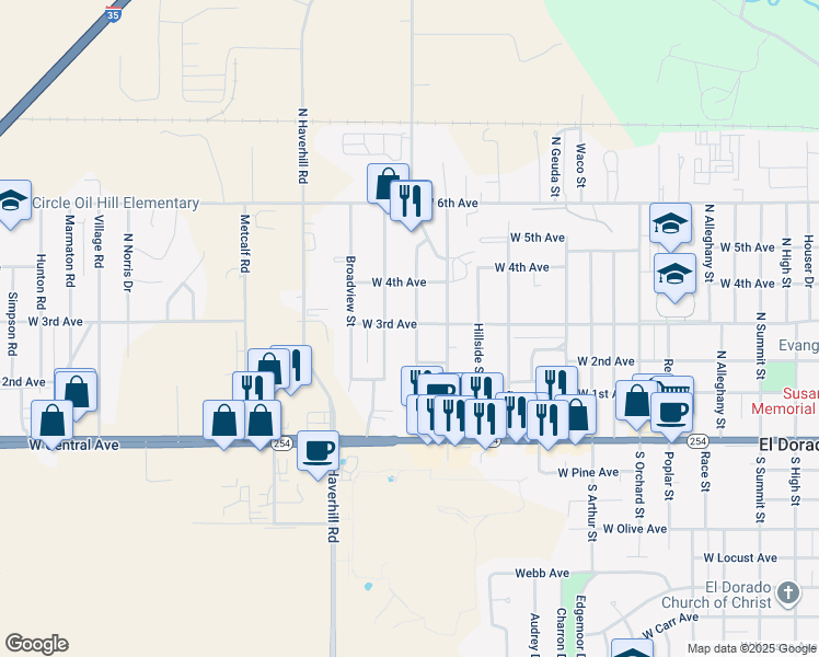 map of restaurants, bars, coffee shops, grocery stores, and more near 337 Hillcrest Street in El Dorado