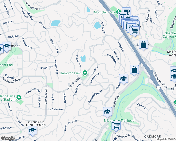 map of restaurants, bars, coffee shops, grocery stores, and more near La Salle Avenue in Piedmont
