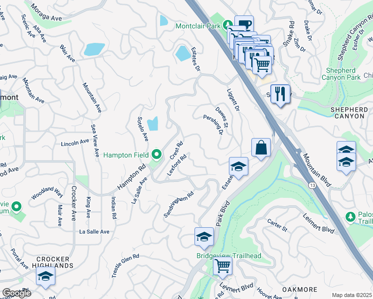 map of restaurants, bars, coffee shops, grocery stores, and more near 99 Lexford Road in Piedmont