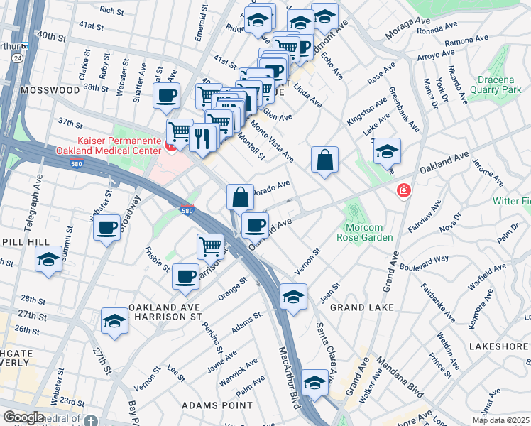 map of restaurants, bars, coffee shops, grocery stores, and more near in Oakland
