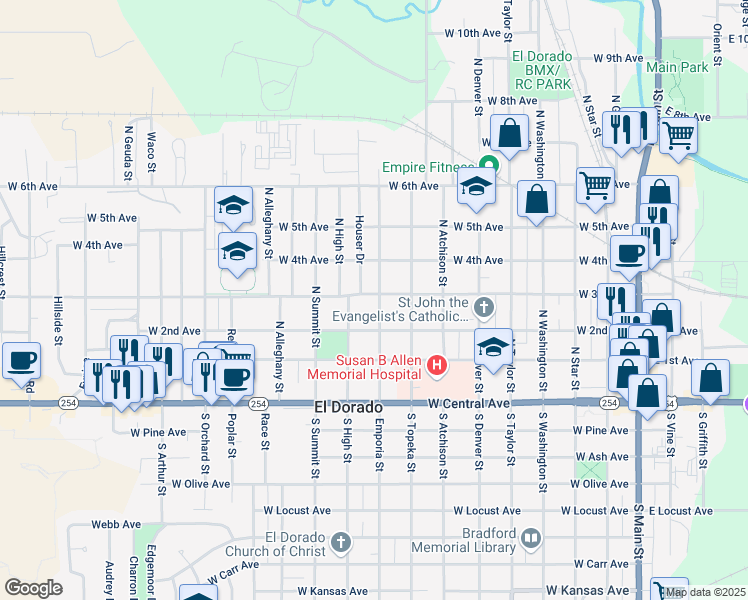 map of restaurants, bars, coffee shops, grocery stores, and more near 333 North Emporia Street in El Dorado