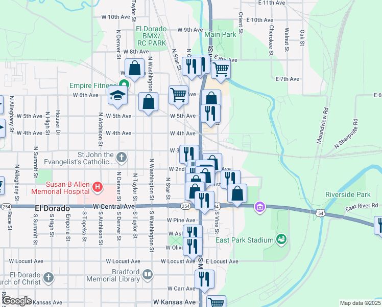 map of restaurants, bars, coffee shops, grocery stores, and more near 117 West 3rd Avenue in El Dorado