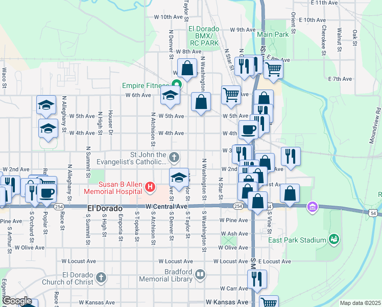 map of restaurants, bars, coffee shops, grocery stores, and more near 415 W 3rd Ave in El Dorado