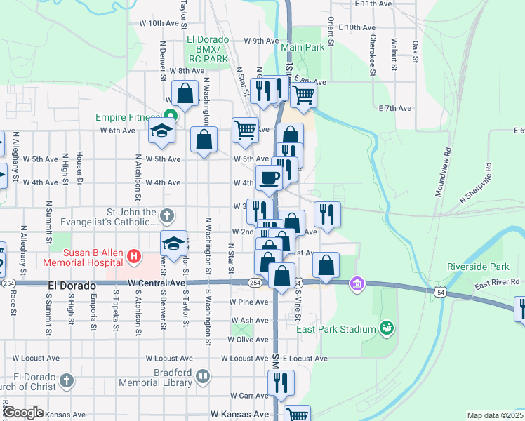 map of restaurants, bars, coffee shops, grocery stores, and more near 117 West 3rd Avenue in El Dorado